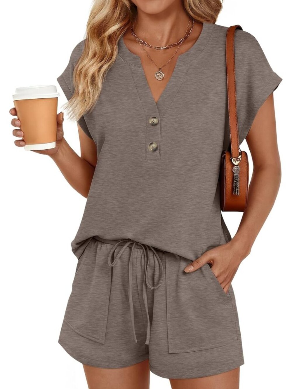〽️Women's Outfit Set Mocha Casual Summer Beach Two Piece Matching Sweatsuit